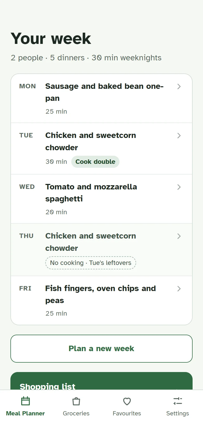 Weekplate's Meal Planner: a week of five dinners from Monday to Friday, with a Plan a new week button and a Shopping list button